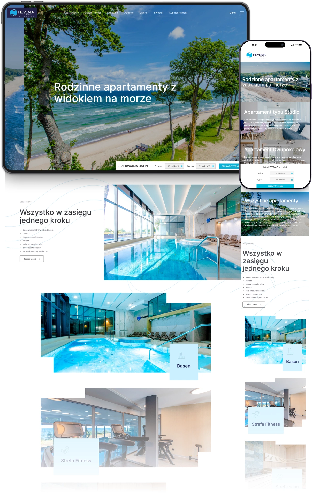 Zdjęcie przedstawia stronę internetową Hevenia, promującą luksusowe apartamenty nad morzem. Główny banner ukazuje widok na plażę i morze, z drzewami w tle, oraz slogan "Rodzinne apartamenty z widokiem na morze". Poniżej znajduje się opcja rezerwacji online.