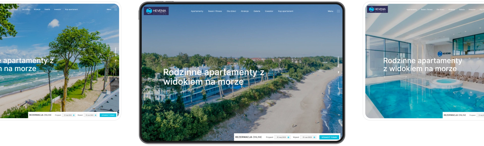 Strona Hevenia promuje apartamenty nad morzem. Widoki ukazują plażę, osiedle w lesie i nowoczesny basen, z opcją rezerwacji online i luksusowymi udogodnieniami.