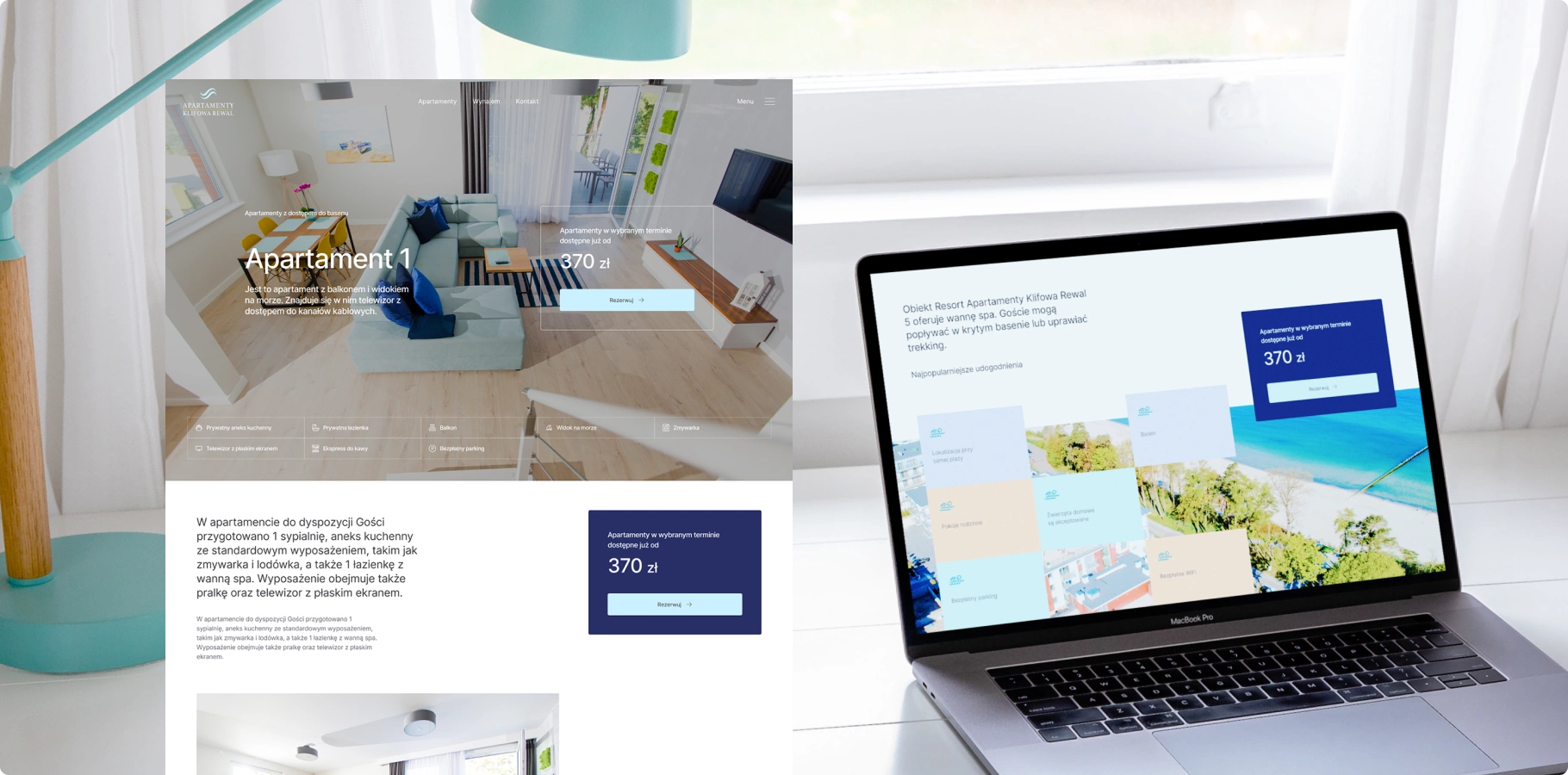 Zdjęcie przedstawia stronę internetową Apartamenty Klifowa Rewal, promującą wynajem apartamentów nad morzem. Główna grafika prezentuje wnętrze apartamentu z jasnym, przestronnym salonem.