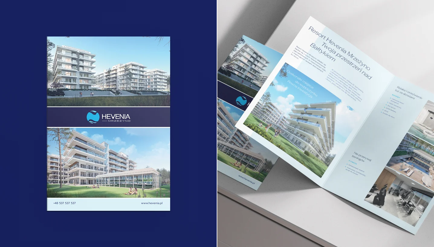 Zdjęcie przedstawia stronę internetową Hevenia, promującą luksusowe apartamenty nad morzem. Główny banner ukazuje widok na plażę i morze, z drzewami w tle, oraz slogan "Rodzinne apartamenty z widokiem na morze". Poniżej znajduje się opcja rezerwacji online.