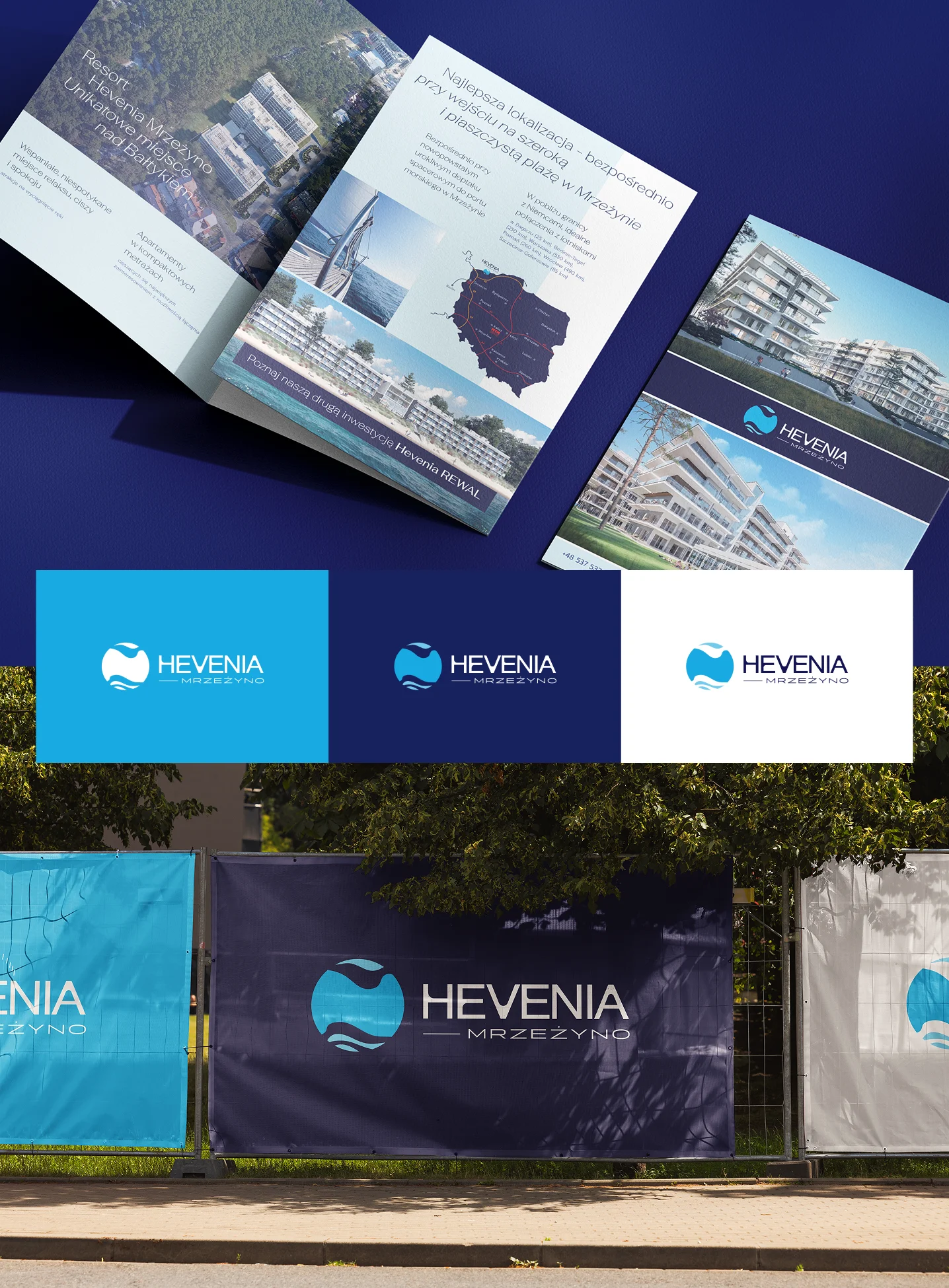 Zdjęcie przedstawia stronę internetową Hevenia, promującą luksusowe apartamenty nad morzem. Główny banner ukazuje widok na plażę i morze, z drzewami w tle, oraz slogan "Rodzinne apartamenty z widokiem na morze". Poniżej znajduje się opcja rezerwacji online.