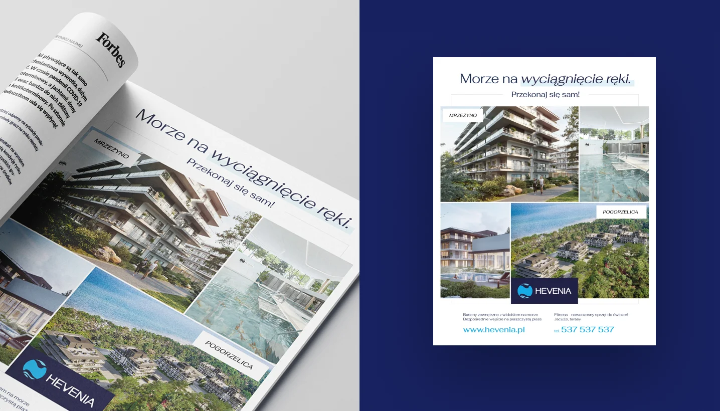 Zdjęcie przedstawia stronę internetową Hevenia, promującą luksusowe apartamenty nad morzem. Główny banner ukazuje widok na plażę i morze, z drzewami w tle, oraz slogan "Rodzinne apartamenty z widokiem na morze". Poniżej znajduje się opcja rezerwacji online.