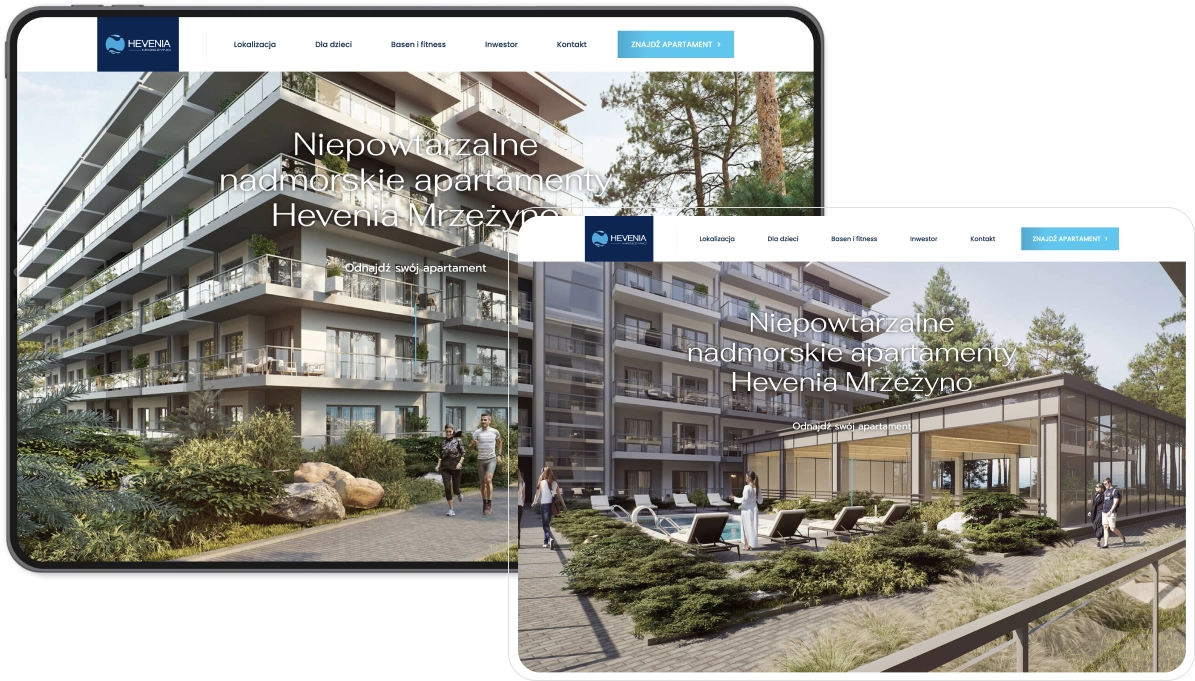 Strona internetowa Hevenia przedstawia luksusowe apartamenty nad morzem w Mrzeżynie, z widokiem na nowoczesne budynki i przestronny teren wokół.
