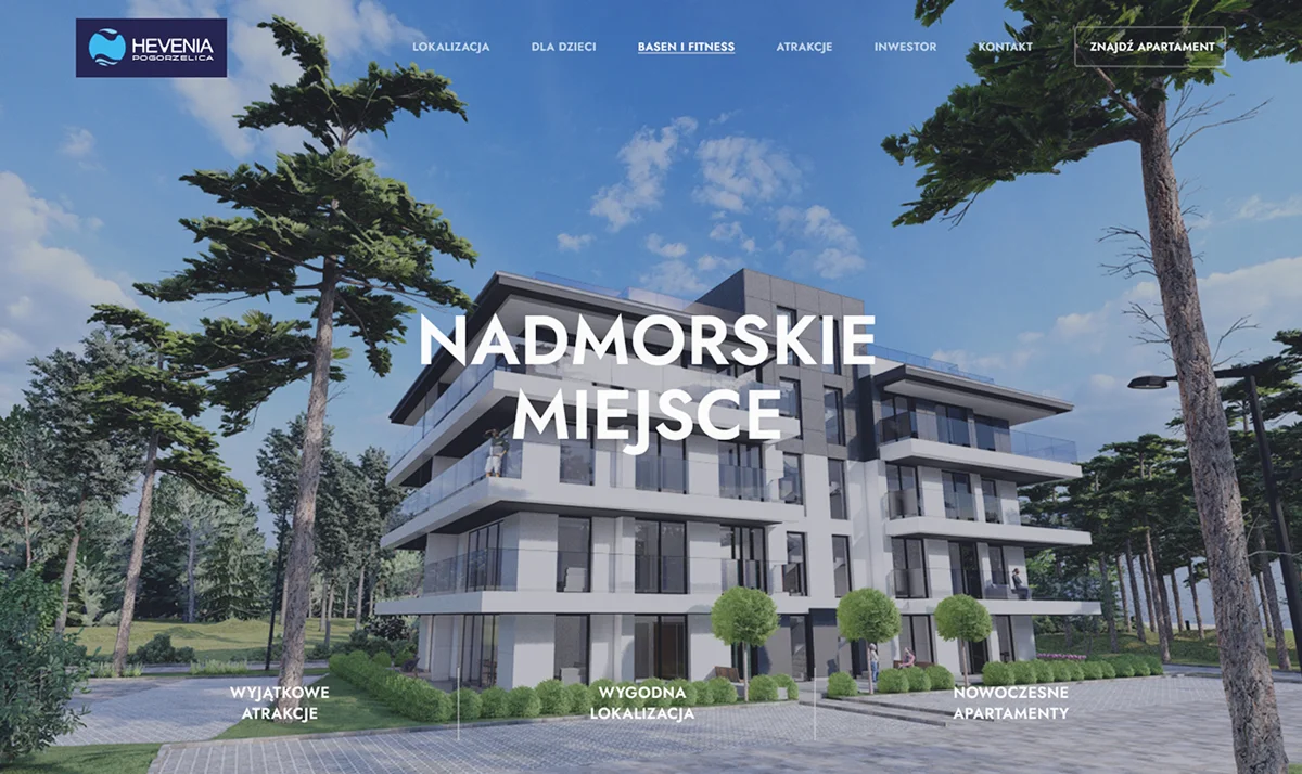Obraz przedstawia stronę internetową Hevenia, prezentującą nadmorskie apartamenty w Mielnie. Na tle zdjęcia budynków, widoczny jest tekst „Niepowtarzalne nadmorskie apartamenty Hevenia Mielno” oraz przycisk „Znajdź apartament”.