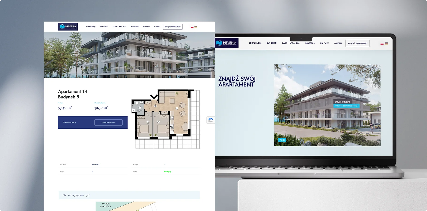 Strona internetowa Hevenia przedstawia luksusowe apartamenty nad morzem w Mrzeżynie, z widokiem na nowoczesne budynki i przestronny teren wokół.
