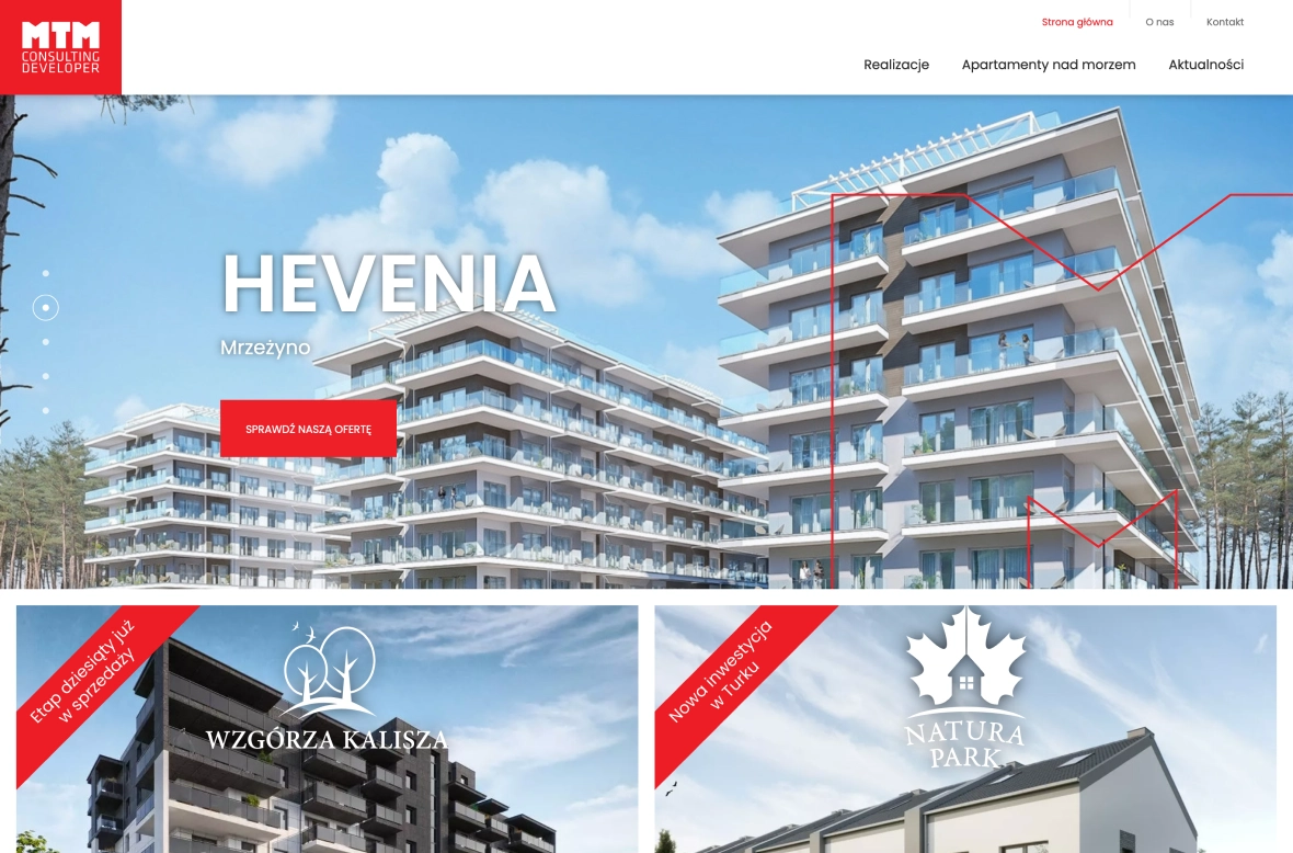 Obrazek przedstawia stronę internetową MTM Consulting. Na głównym banerze widoczny jest projekt budowy apartamentowca "Hevenia Mrzeżyno", z nowoczesną architekturą. Poniżej znajdują się miniaturki innych inwestycji, takich jak "Wzgórza Kalisza" i "Natura Park.