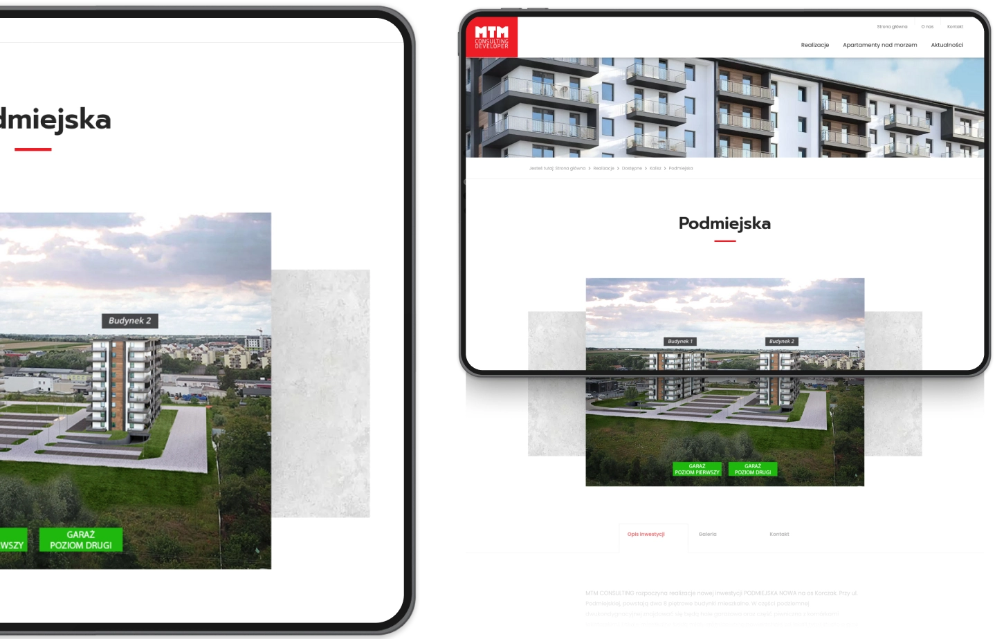 Na zdjęciu widzimy dwa urządzenia (tablet i telefon komórkowy), na których wyświetlana jest strona internetowa MTM Consulting. Oba urządzenia prezentują stronę dotyczącą inwestycji "Podmiejska". Widoczna jest również opcja "Zobacz inwestycję" oraz inne szczegóły dotyczące lokalizacji.
