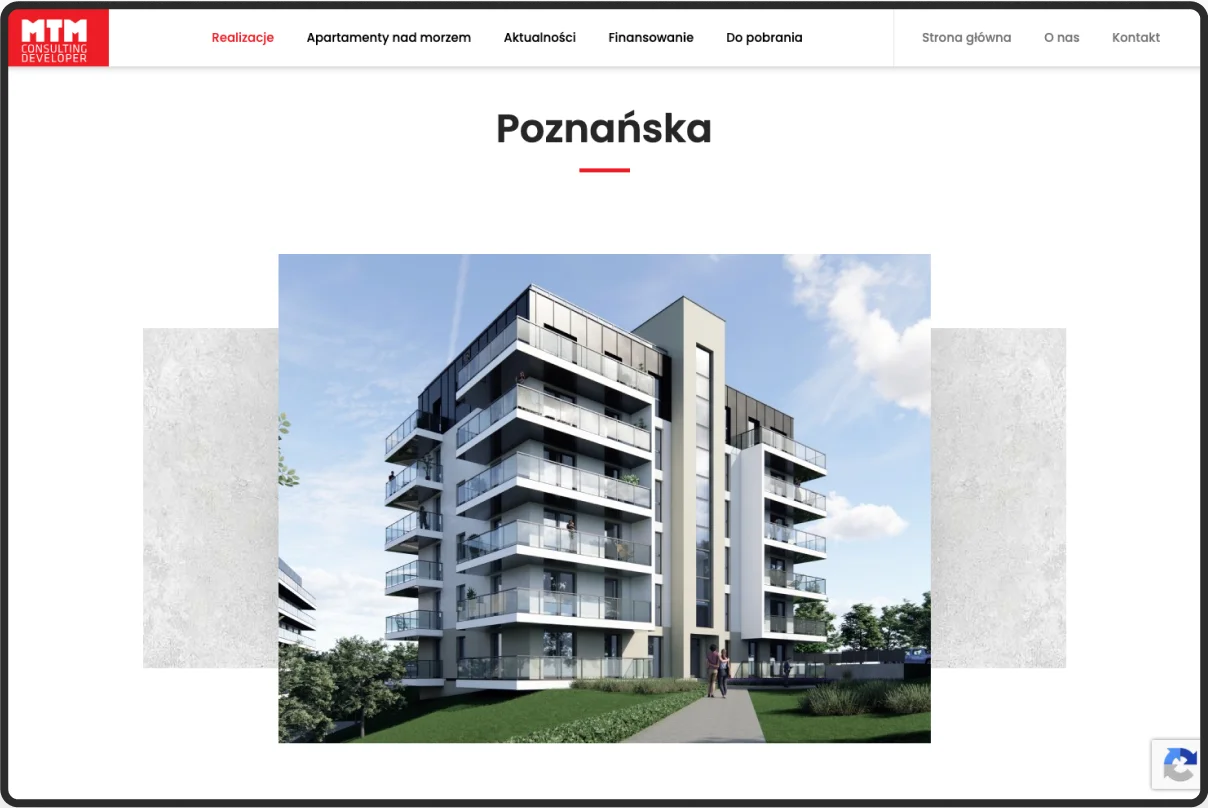 Obraz przedstawia stronę internetową Hevenia, prezentującą nadmorskie apartamenty w Mielnie. Na tle zdjęcia budynków, widoczny jest tekst „Niepowtarzalne nadmorskie apartamenty Hevenia Mielno” oraz przycisk „Znajdź apartament”.