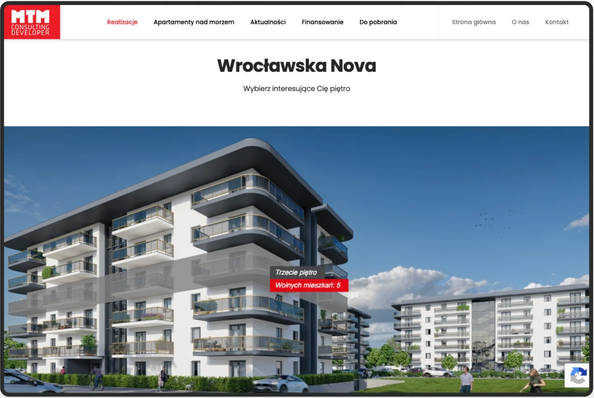 Obraz przedstawia stronę internetową Hevenia, prezentującą nadmorskie apartamenty w Mielnie. Na tle zdjęcia budynków, widoczny jest tekst „Niepowtarzalne nadmorskie apartamenty Hevenia Mielno” oraz przycisk „Znajdź apartament”.