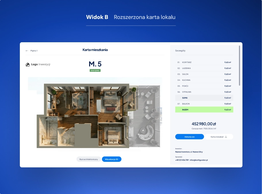 Kartę lokalu możemy pokazać w prostej formie graficznej, na podstawie karty PDF dostarczonej przez dewelopera, albo rozbudować ją o dodatkowe informacje, takie jak powierzchnie pomieszczeń, cena, dane inwestora, rzut architektoniczny czy wizualizacja 3D.